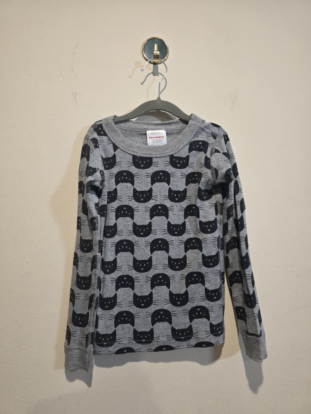 Hanna Andersson Organic Cotton Black Cat Print Long Sleeve Top Grey 120 / 6-7